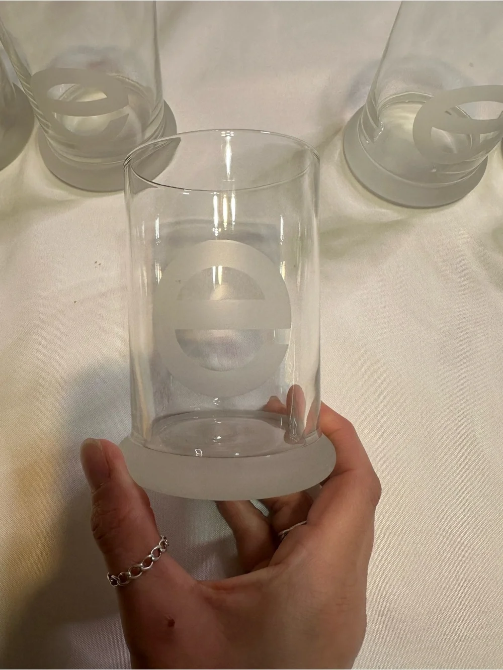 Set of 6 Clear Glass Tumblers with Frosted Emblem the letter E - Clear